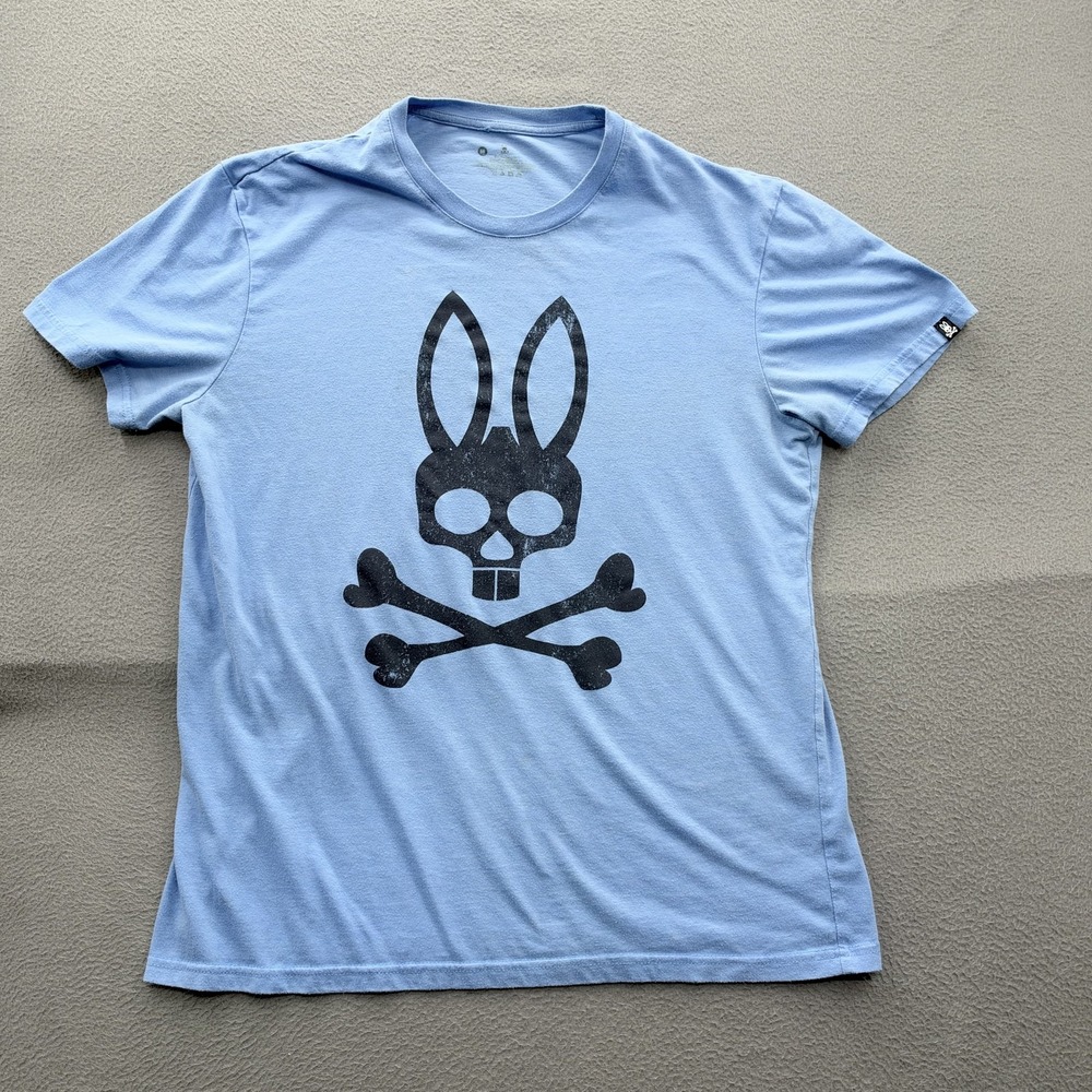 Psycho Bunny Shirt Mens Medium Blue Skull Bunny Crossbones Graphic Tee Tagless